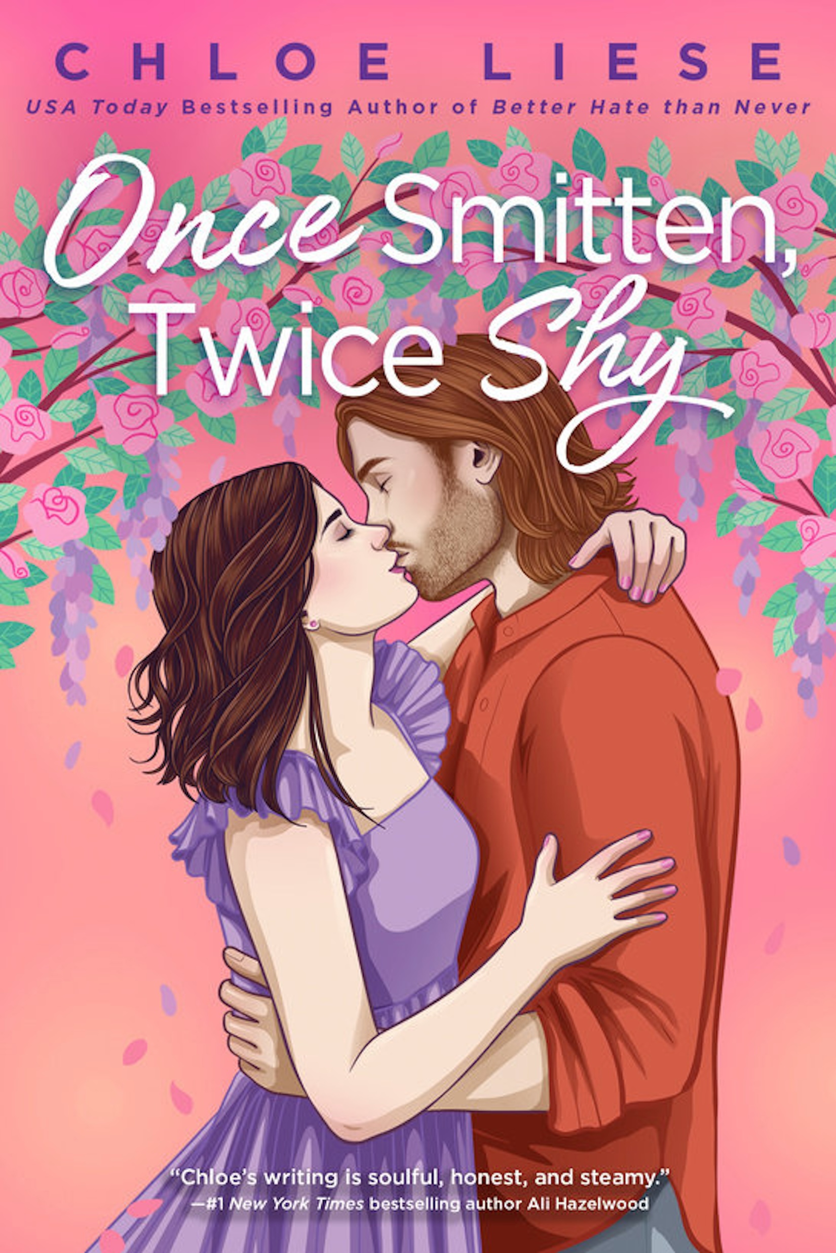 An illustrated book cover that is pale pink featuring a white brunette woman in a purple dress kissing a white red-haired man whose neck she's wrapped her arm around; he's in an orange dress shirt & holds her waist as he kisses her tenderly, both their eyes shut. Above them is an arch of brown branches bearing purple wisteria & pink roses. CHLOE LIESE USA Today Bestselling Author of Better Hate than Never Once Smitten, Twice Shy "Chloe's writing is soulful, honest, and steamy." - #1 New York Times bestselling author Ali Hazelwood